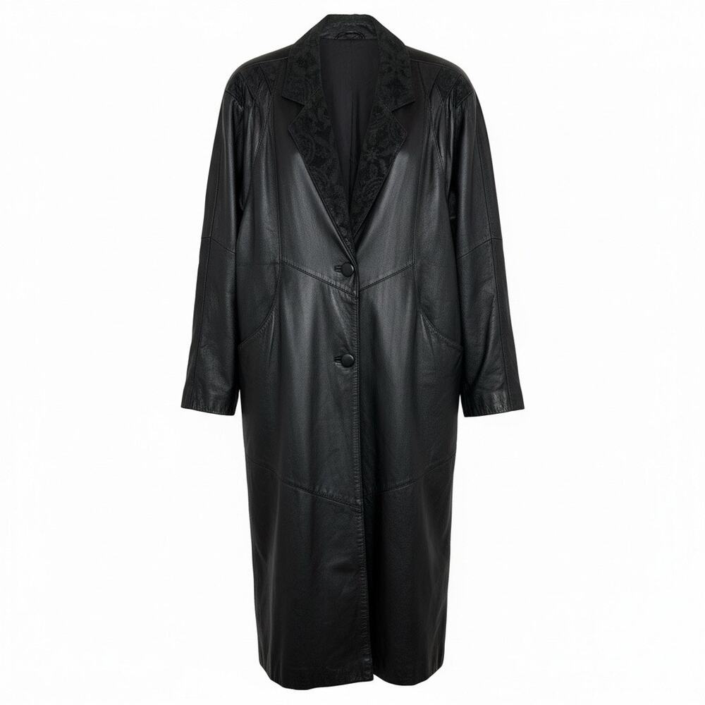 Vtg G-III Global Identity Black Leather Trench Coat Lace Trim Gothic Duster M L